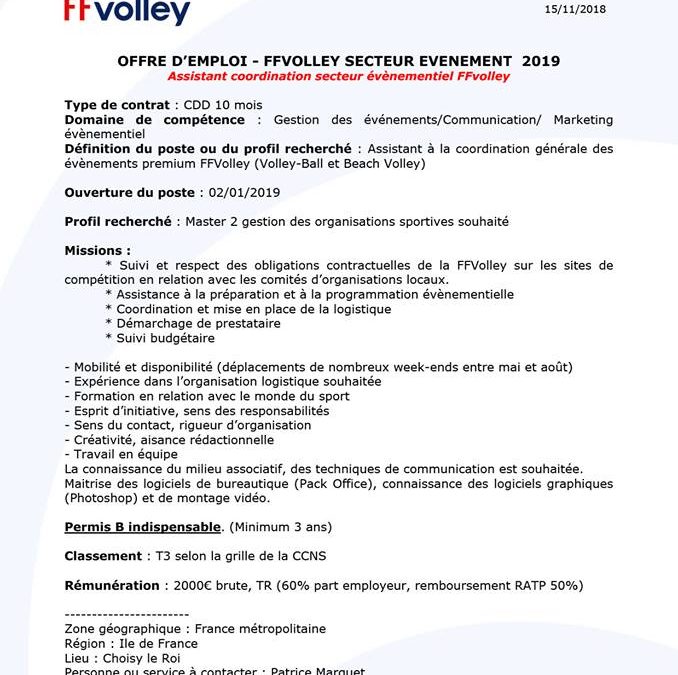 CDD – Assistant coordination secteur évènementiel – FFVolley